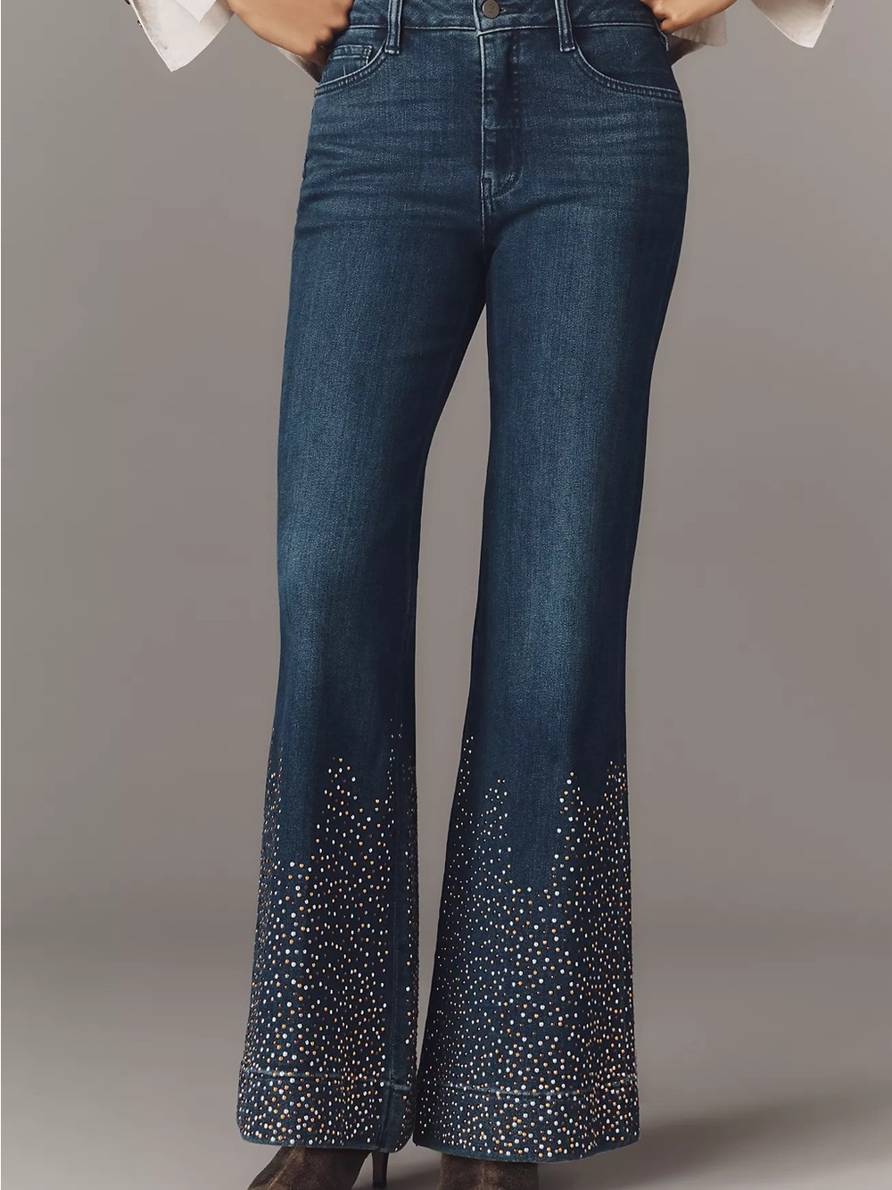 Anthropologie High-Rise Dark Blue Embellished Flare Jeans size 33 nwot